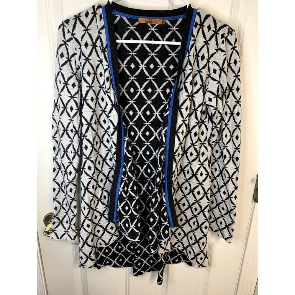 Belldini White/Grey Geometric Open Front Cardigan Sweater Size SMALL
